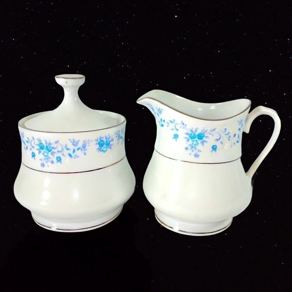 Vintage China Pearl Helen Creamer With‎ Blue Flower Silver Trim Sugar Cream 4”T